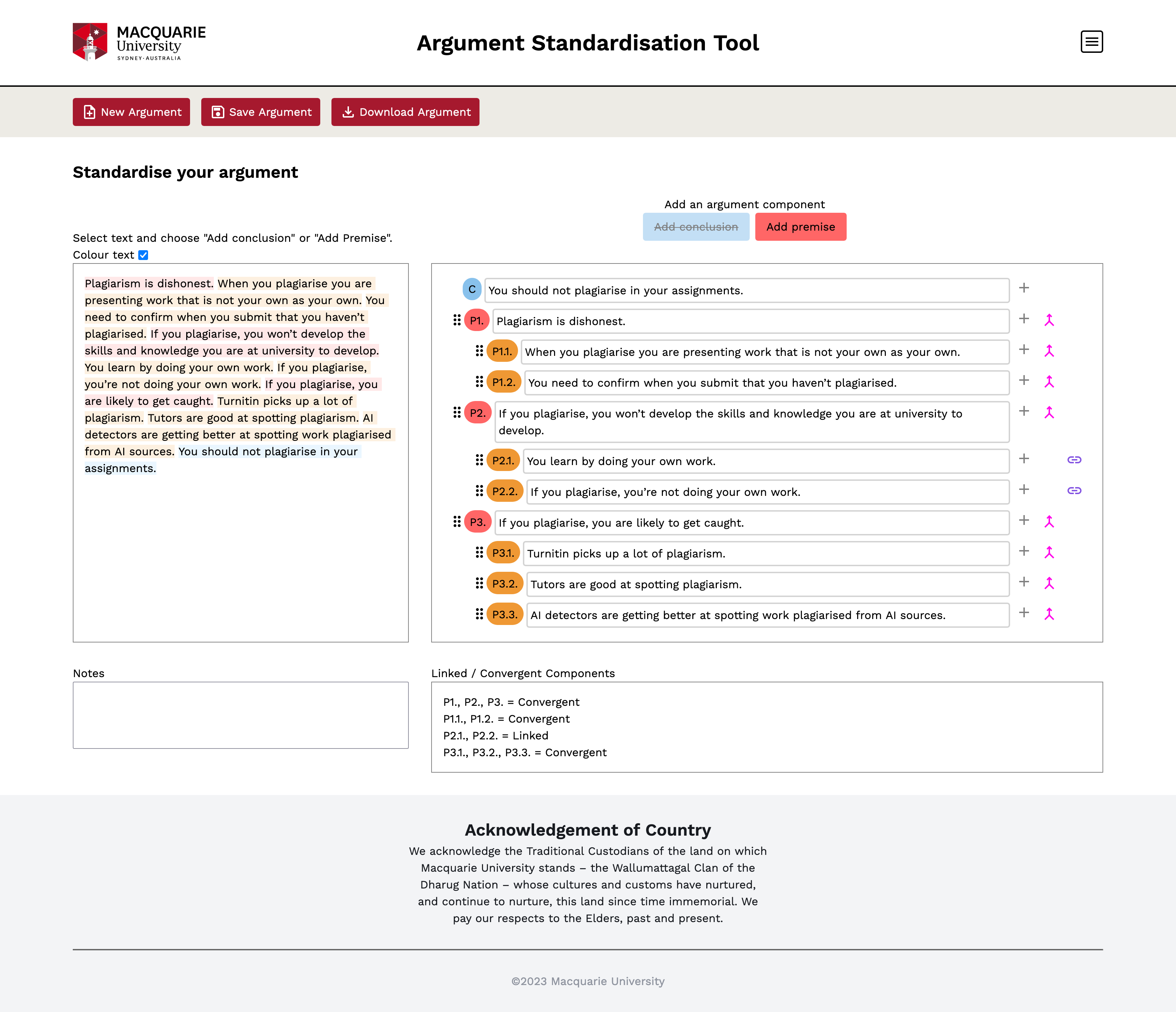 A screenshot of the argument standardisation application.